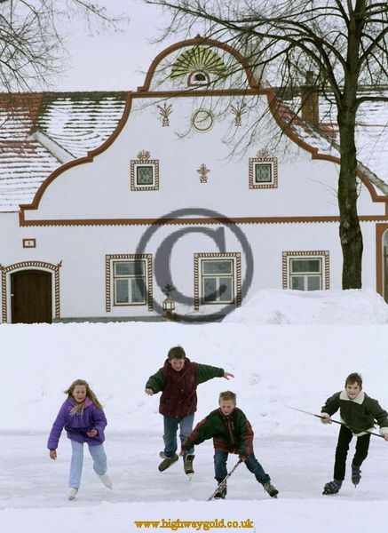 Children skating on a frozen pond