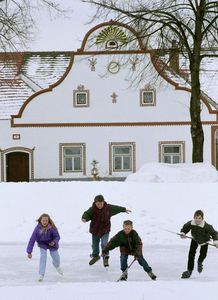 Children skating on a frozen pond
